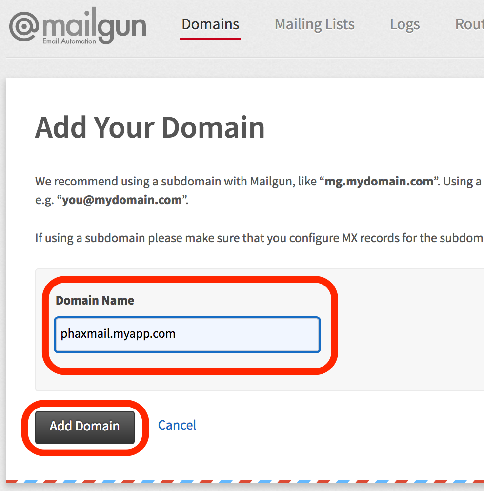 Mailgun Add Domain Form Screenshot