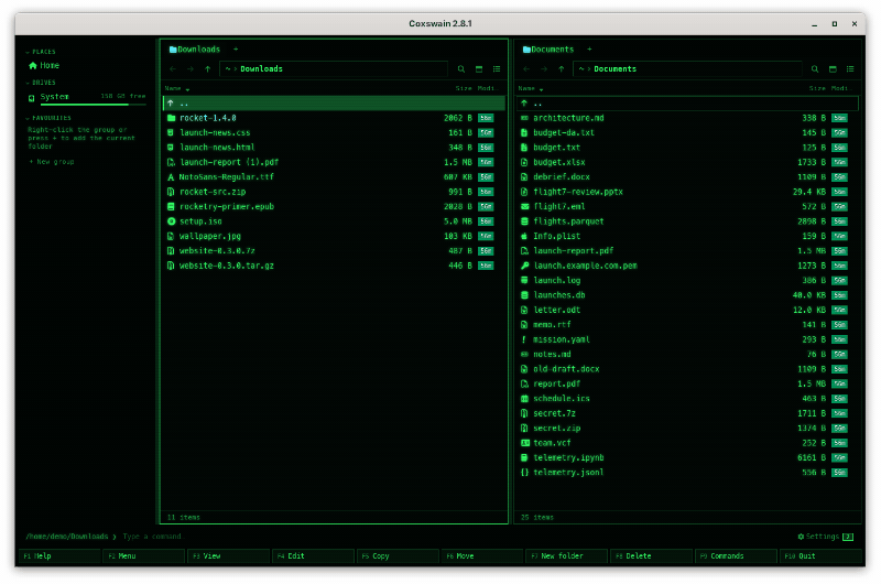 The desktop app in ~/Downloads: End puts the cursor on website-0.3.0.tar.gz, Enter opens it like a folder with the archive badge in the path bar, Enter goes into website, the cursor moves to index.html and F3 shows it in the preview pane