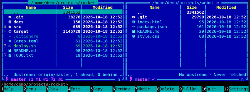 The terminal app in Classic blue in ~/projects/rocket: Alt+B lists feature/engine, * master and origin/master in @branches; Down puts the cursor on feature/engine and the info line shows its commit; Enter shows the branch's files, read-only, titled [commit 584d26d]; Enter on src lists engine.rs, main.rs and throttle.rs