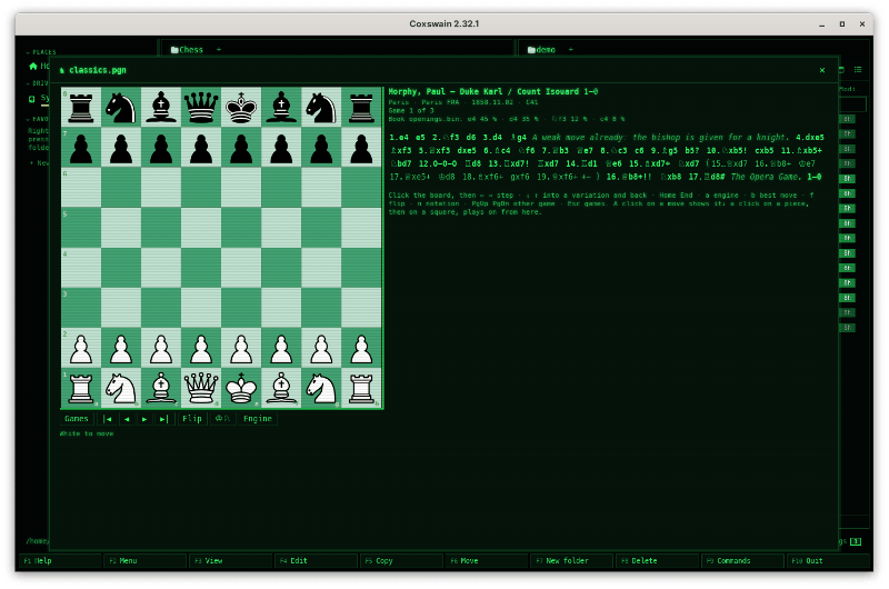 Morphy's Opera Game of 1858 in the desktop app's chess window: the board in the Cyber theme's greens, the moves beside it in figurines, the moves stepped through with the right arrow key until the mate on d8