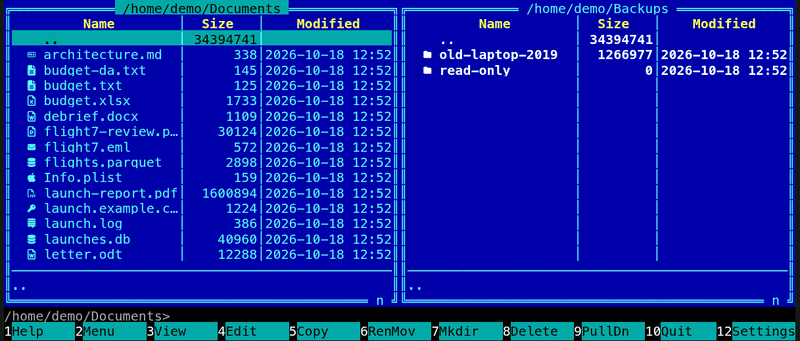 The terminal app in Classic blue, ~/Documents on the left and ~/Backups on the right: Insert marks architecture.md, budget-da.txt and budget.txt, which turn yellow, the footer says 608 in 3 marked; F5 opens Copy 3 items with To: /home/demo/Backups; Enter copies them, the three files appear in the right panel and the status line says Copied 3 items