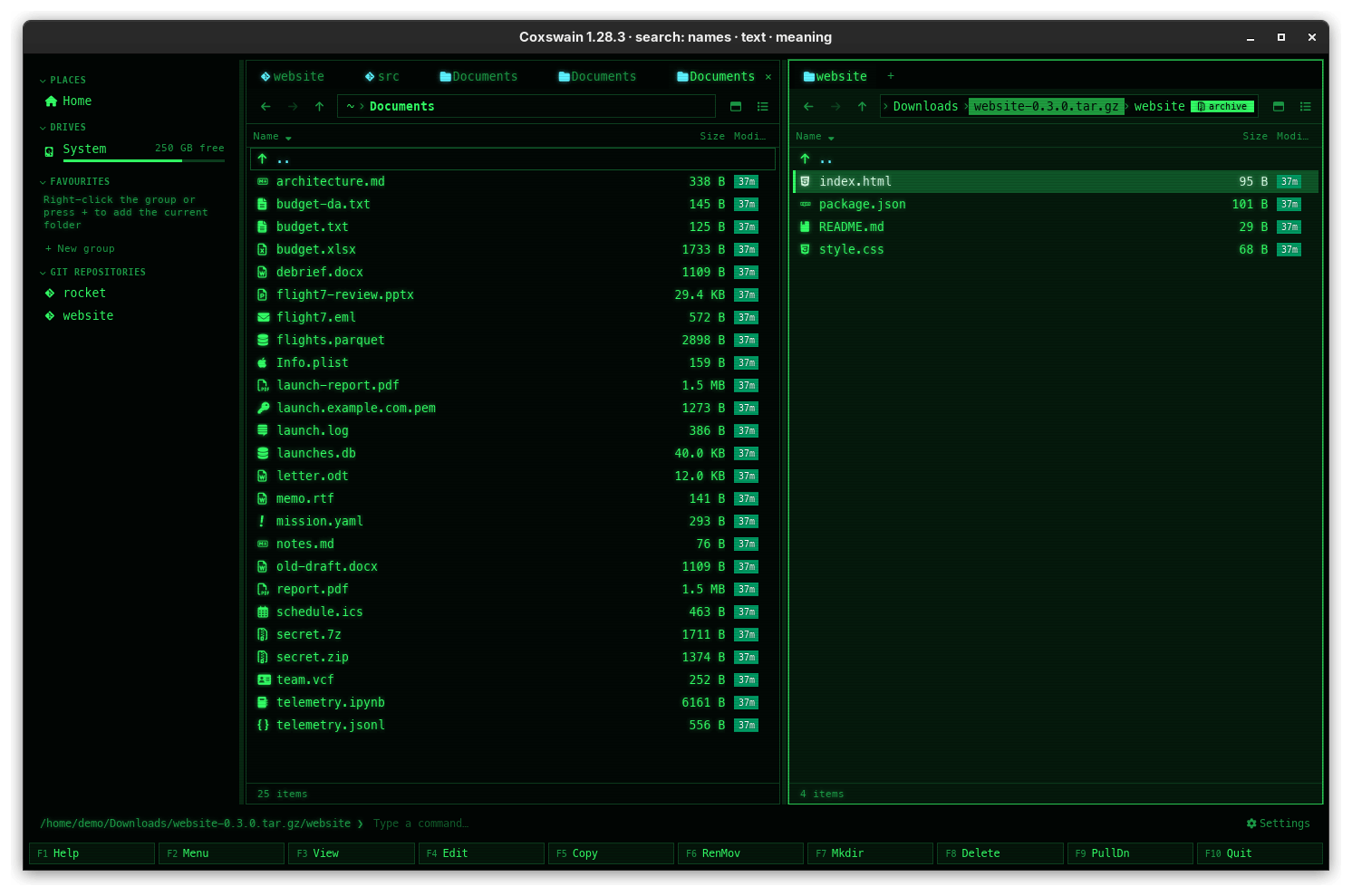 The desktop app's right pane inside ~/Downloads/website-0.3.0.tar.gz/website, tinted, the archive's name marked in the path bar and the archive badge at its right end; the left pane shows an ordinary folder