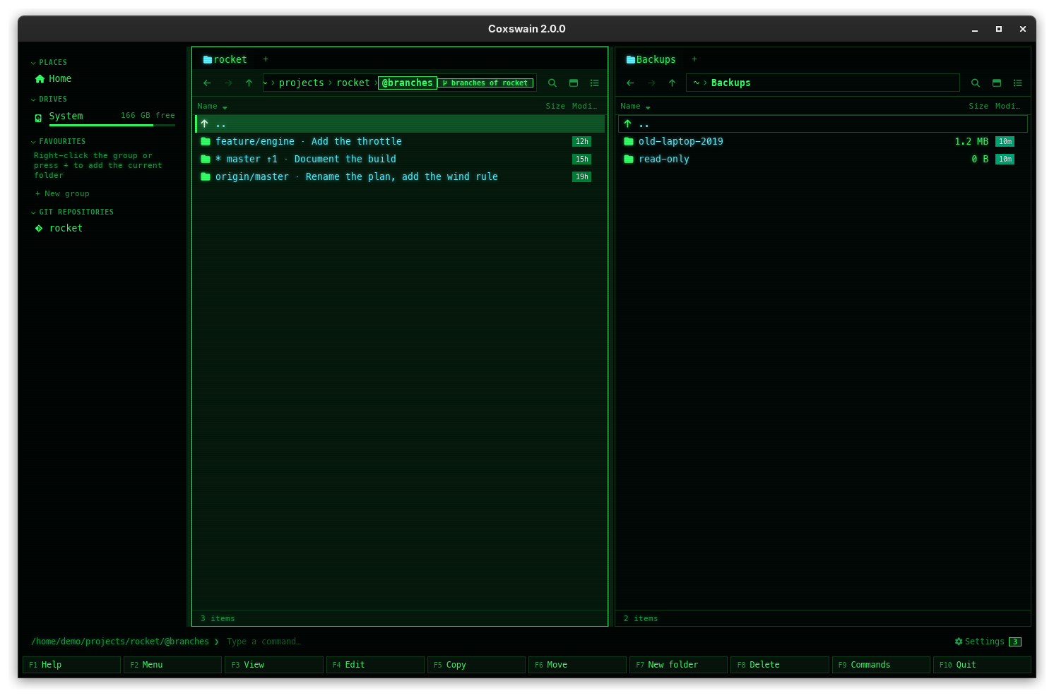 The desktop app's left pane in ~/projects/rocket/@branches with the badge branches of rocket: feature/engine · Add the throttle, * master ↑1 · Document the build, origin/master · Rename the plan, add the wind rule