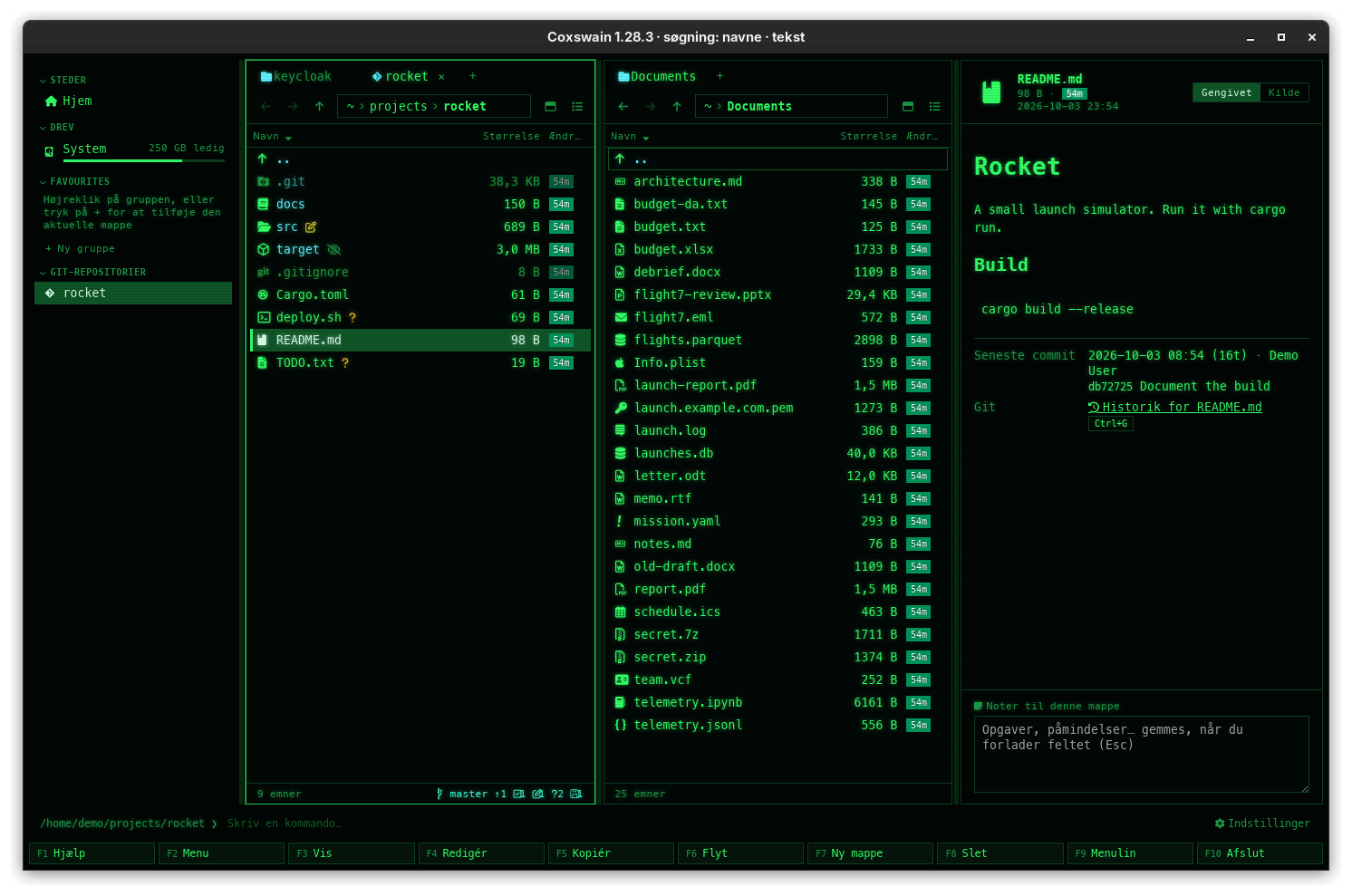 The desktop app in Danish: Hjem, Drev and Git-repositorier in the sidebar, Navn, Størrelse and Ændret as column headers, the F-key bar with Hjælp, Kopiér, Flyt and Afslut, and sizes with a decimal comma
