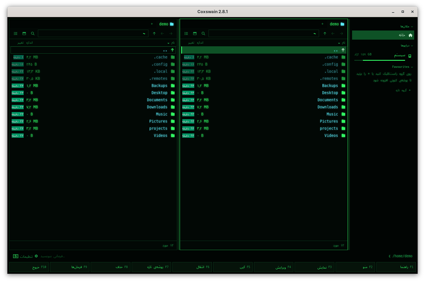 The desktop app in Persian (Cyber), mirrored: the sidebar on the right with خانه and سیستم, the panes' columns running right to left, sizes and ages in Persian digits, the F-key bar from F1 راهنما on the right to F10 خروج on the left