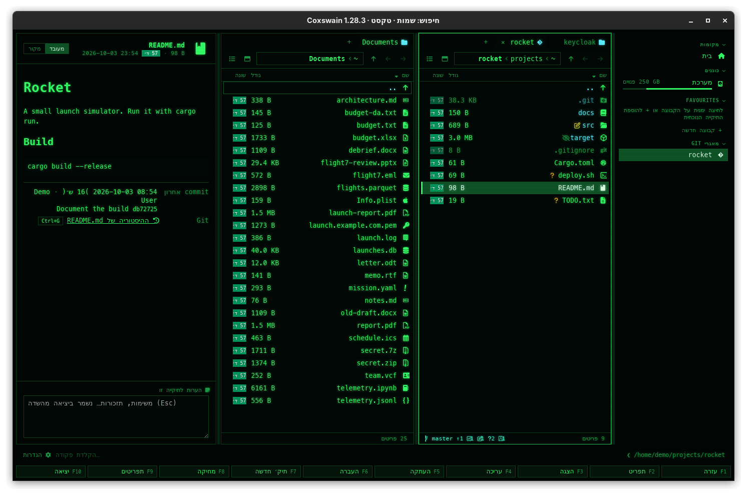 The desktop app in Hebrew, mirrored: the sidebar on the right, file names aligned right with their icons on the right, the F-key bar running from F1 on the right