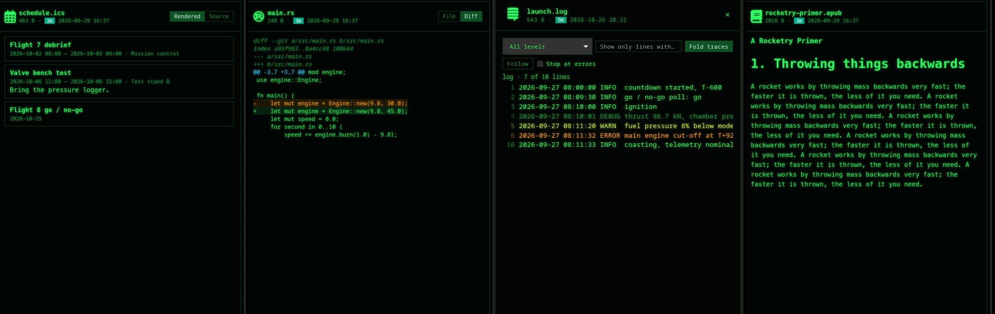 Four previews side by side: a calendar, the git diff of main.rs with the Diff switch on, a log file and an EPUB book