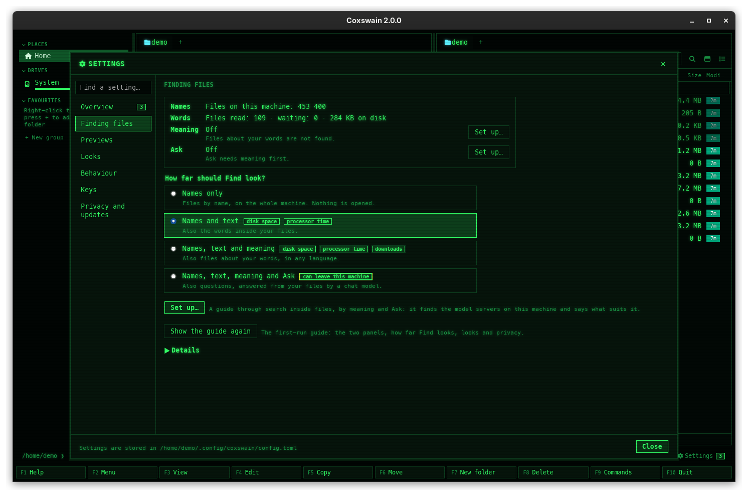 The Settings window in Cyber, at Finding files: the areas on the left under a Find a setting field; on the right the status block with Names, Words, Meaning and Ask and their Set up buttons, then How far should Find look? with Names and text chosen