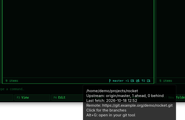 The desktop app (Cyber): the mouse on the git line master ↑1 in the footer of the pane in ~/projects/rocket, and its tooltip: /home/demo/projects/rocket, Upstream: origin/master, 1 ahead, 0 behind, Last fetch, Remote: https://git.example.org/demo/rocket.git, Click for the branches, Alt+G: open in your git tool