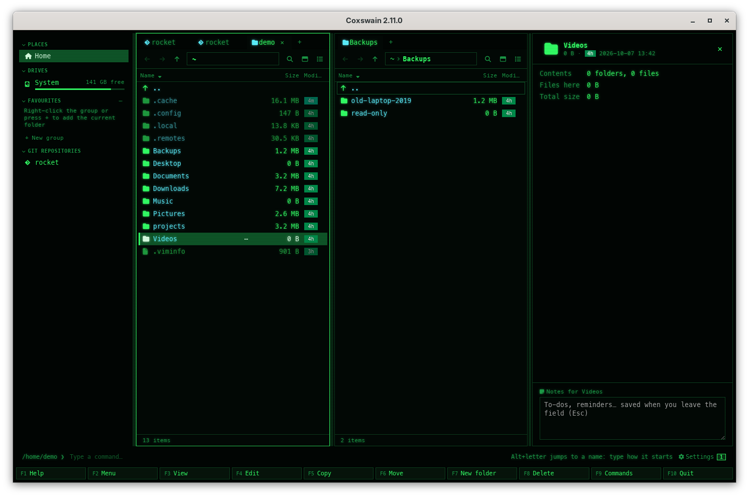 The desktop app in the home folder with Videos under the cursor: the preview pane at the right shows Videos, its contents and its notes, with the × at the right of the pane's header; the status line reads Alt+letter jumps to a name: type how it starts