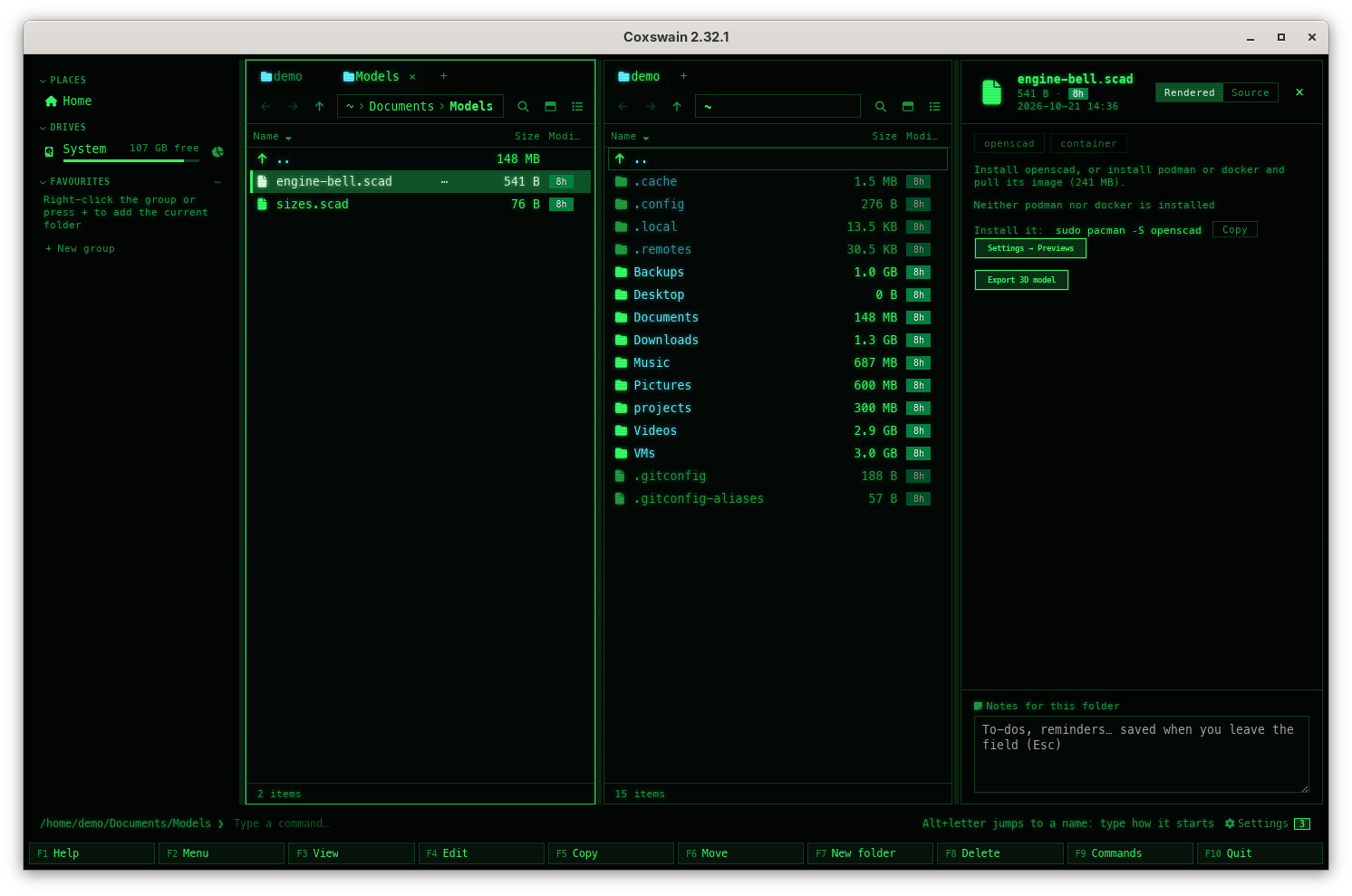 The preview pane on engine-bell.scad with no openscad and no podman or docker: Install openscad, or install podman or docker and pull its image (241 MB)., then Neither podman nor docker is installed, Install it: sudo pacman -S openscad with Copy, and Settings → Previews