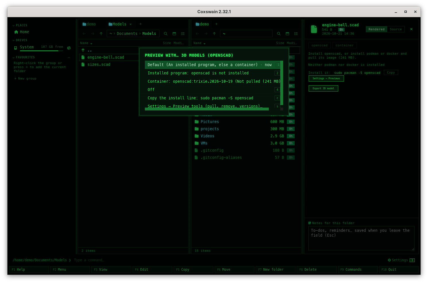 The menu Preview with… 3D models (OpenSCAD) over the panels, on engine-bell.scad: 1 Default (An installed program, else a container) · now, 2 Installed program: openscad is not installed, 3 Container: openscad:trixie.2026-10-19 (Not pulled (241 MB)), 4 Off, C Copy the install line: sudo pacman -S openscad, S Settings → Preview tools (pull, remove, versions)…