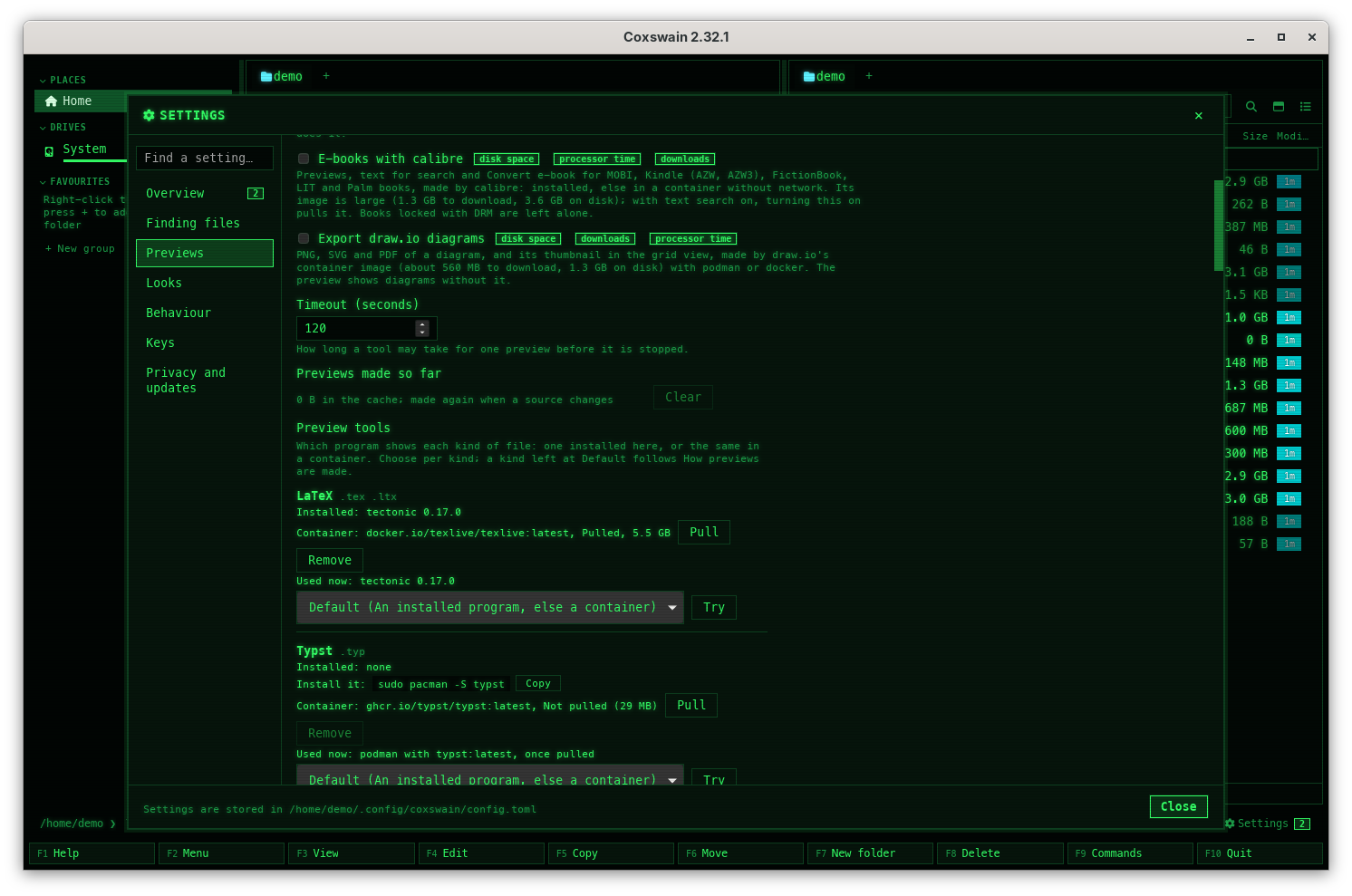 The desktop app's Settings at Previews, in the Cyber theme: E-books with calibre and Export draw.io diagrams with their cost badges, Timeout (seconds) 120, Previews made so far with Clear, and Preview tools: the LaTeX row with Installed: tectonic, Container: docker.io/texlive/texlive:latest, Pulled, 5.5 GB with Pull and Remove, Used now: tectonic, the choice Default and Try; under it the Typst row with Installed: none, the Install it: line with Copy, Not pulled (29 MB) and Pull