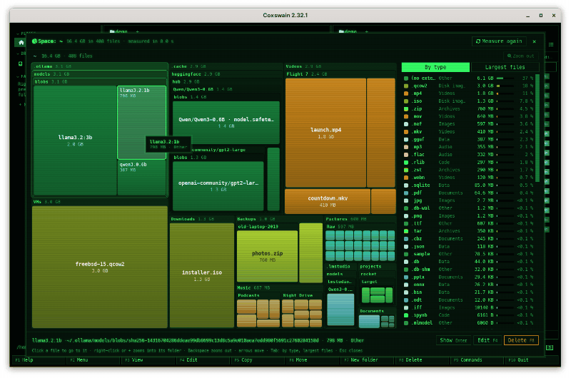 The desktop app: Alt+U on the demo home measures it, then shows it as a treemap: the local models named by model (llama3.2:3b, Qwen/Qwen3-0.6B), the virtual machine, the flight videos, the music and the raw photos as soft rectangles in Cyber's greens and ambers inside their folders; the pointer moves from llama3.2:1b down to installer.iso, framing each in green and lighting the folders it is in, with its name, size and type on a card; a click on .nef in By type lights up the photos and dims the rest; a right-click zooms into VMs, the folder growing to fill the map, and Backspace shrinks it back