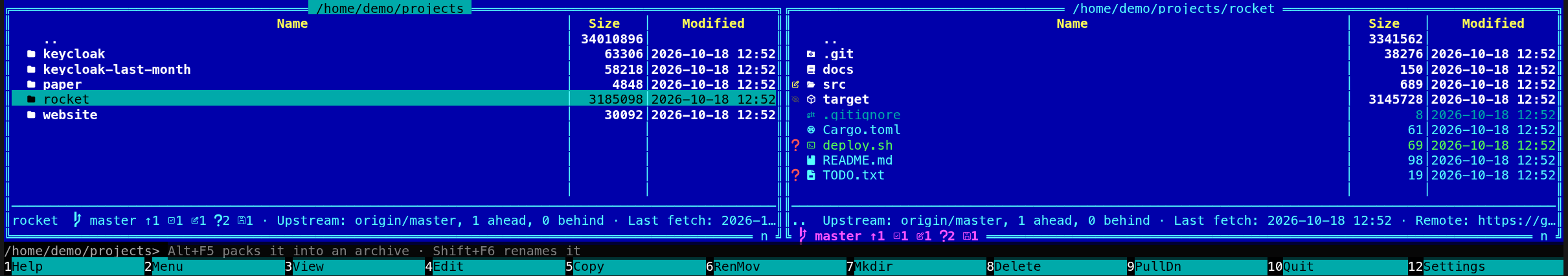 The terminal app: on the left ~/projects with the cursor on rocket, its git line, upstream and last fetch under the panel; on the right inside rocket, the cursor on .. and its upstream, last fetch and remote; the F-key bar ends with 12 Settings