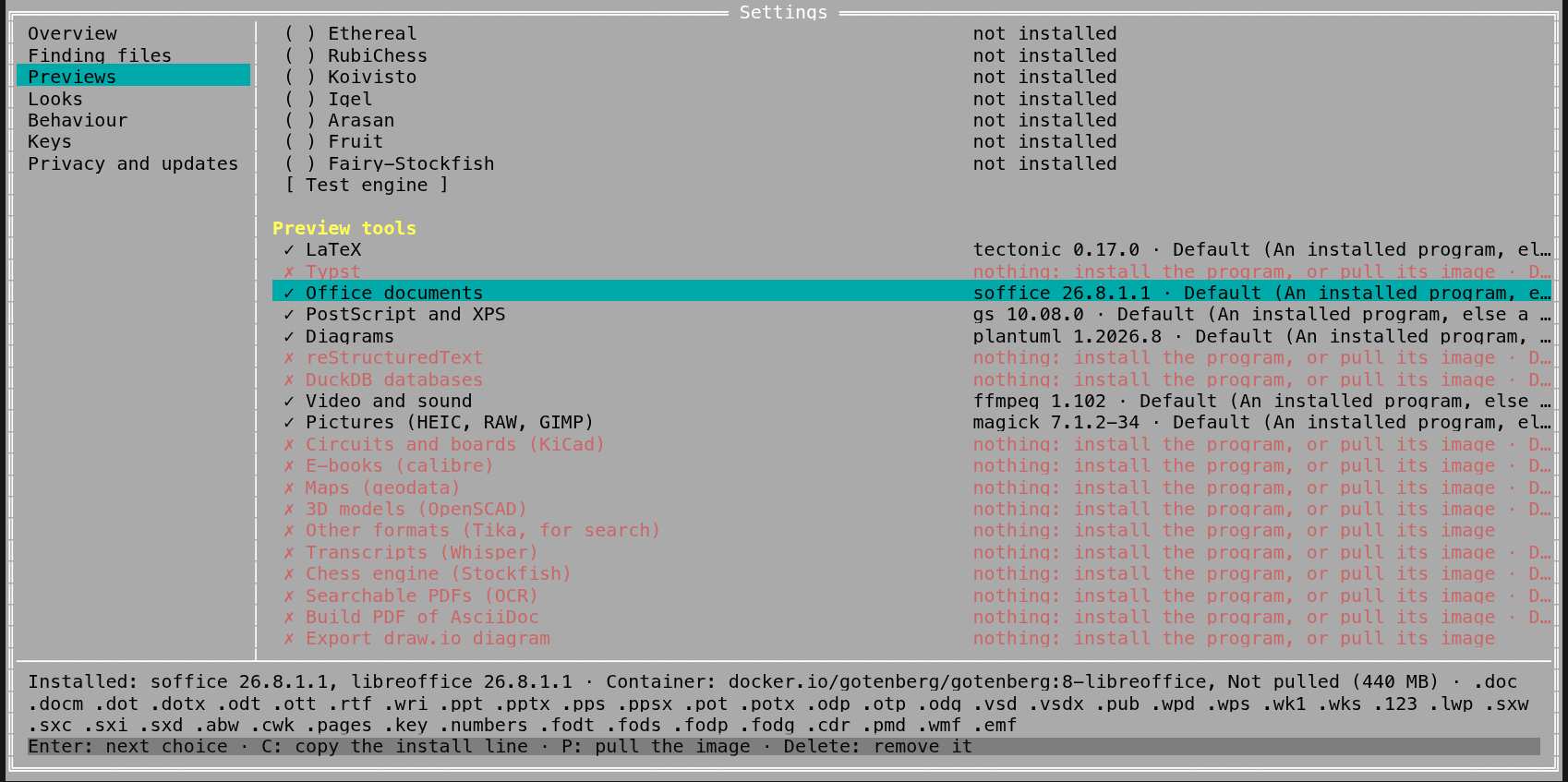 The terminal app's Settings, Previews: the chess engines, then Preview tools, a line per kind with its choice and what is used now; Office documents under the cursor, its explanation at the bottom whole on three lines: what is installed, its container image and every extension it covers