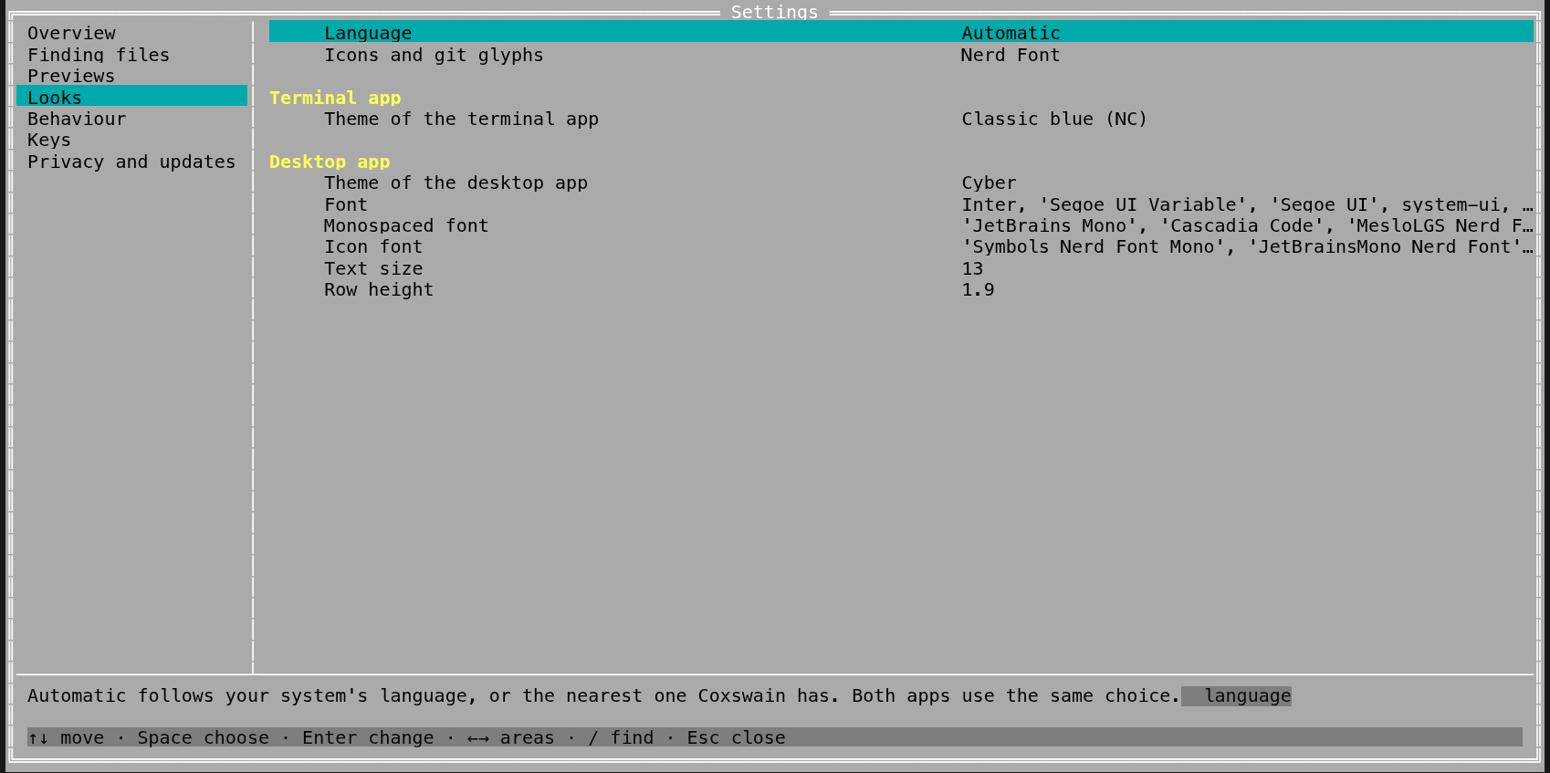 The terminal app's Settings at Looks, Classic blue: Language (under the cursor) and Icons and git glyphs, then the heading Terminal app with Theme of the terminal app, then the heading Desktop app with its theme, Font, Monospaced font, Icon font, Text size and Row height
