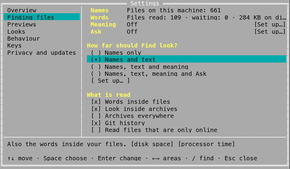 The terminal app's Settings at Finding files, 80×24, Classic blue: the areas on the left, the status block, the four levels with the cursor on Names and text, What is read, and the explanation with its badges at the bottom