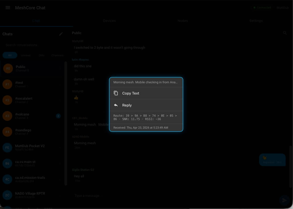 Message popup with route metadata
