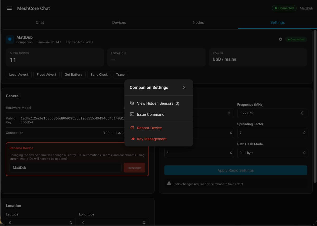 Companion settings menu