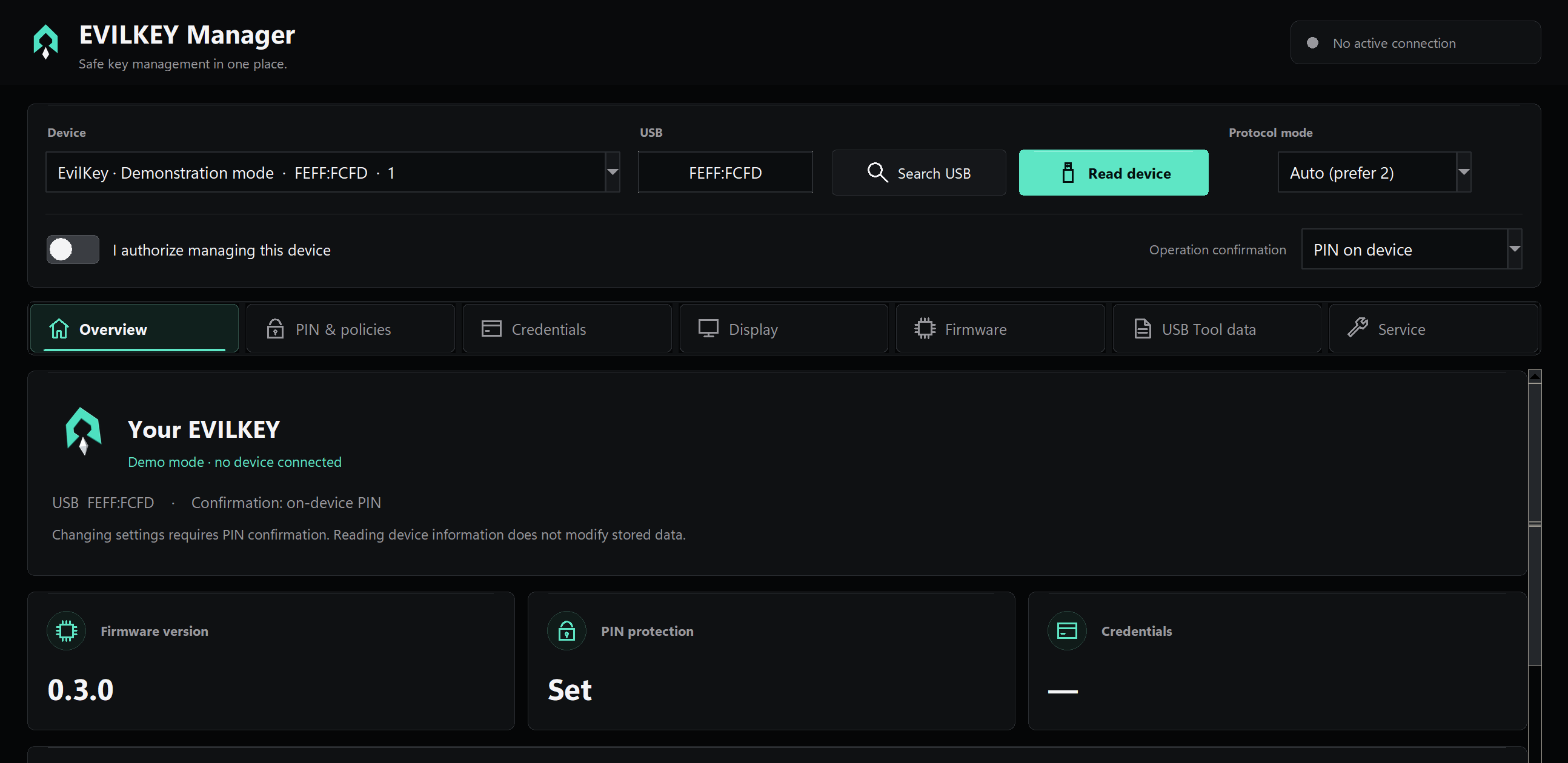 EvilKey Manager overview with device selection, PIN confirmation and status cards