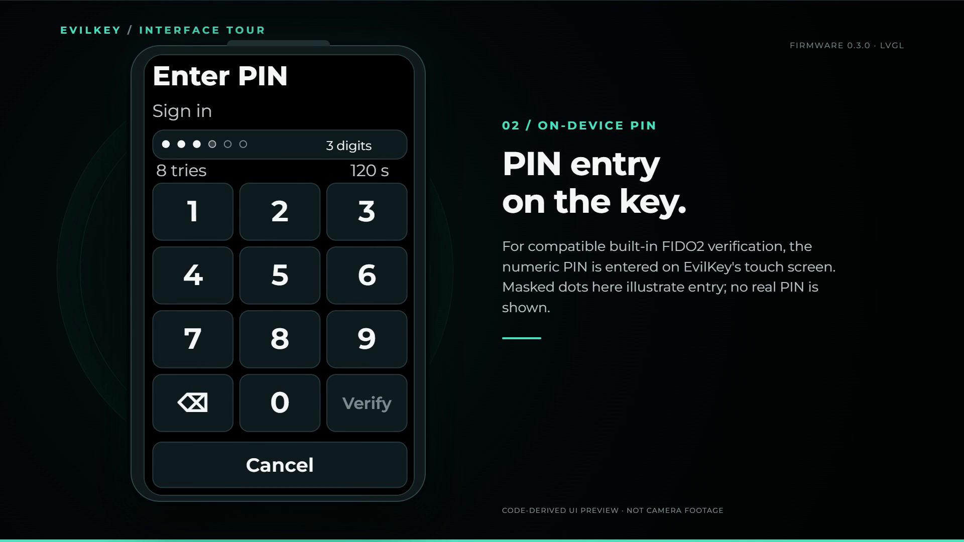 EvilKey on-device FIDO2 PIN keypad preview