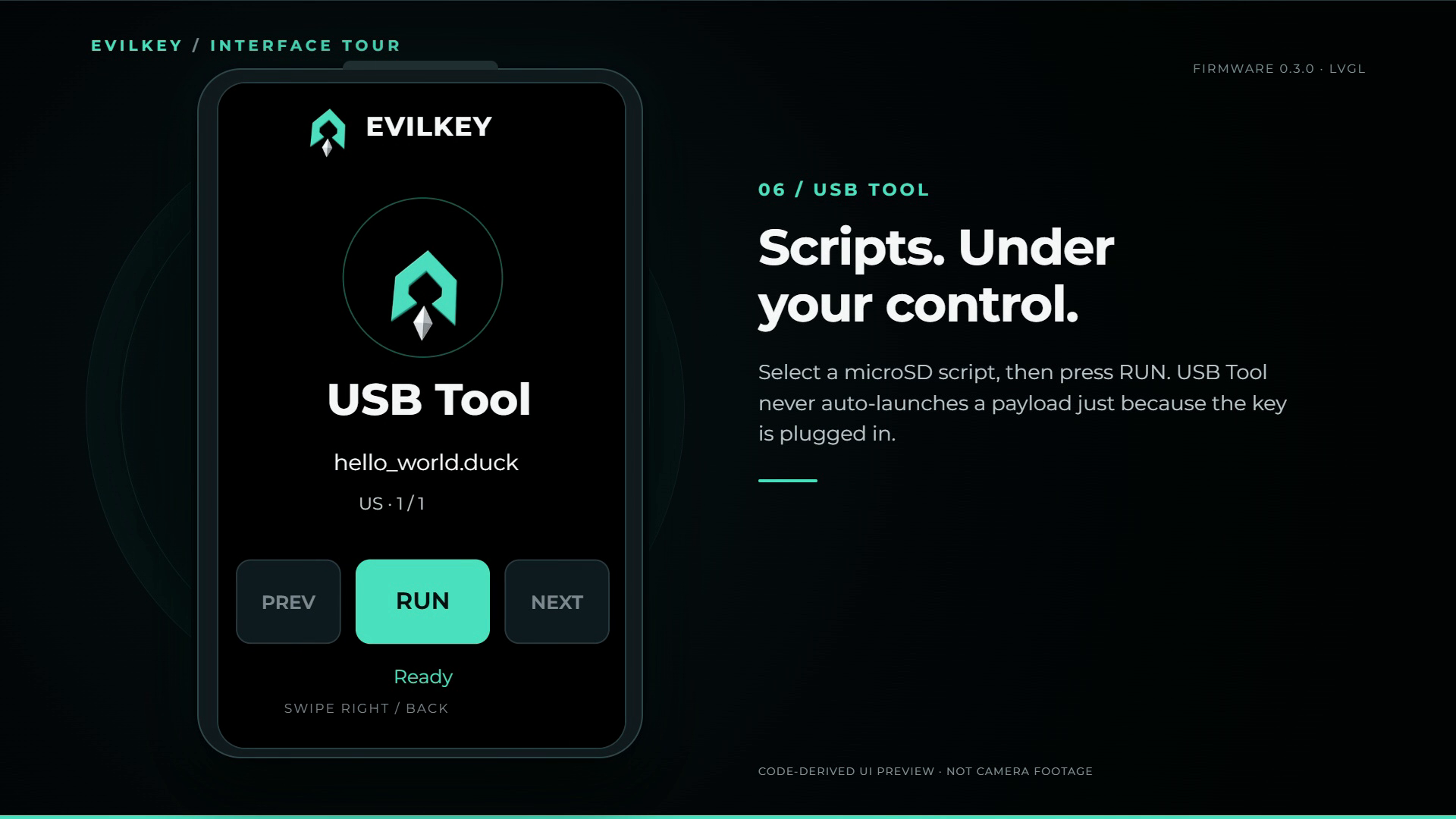USB Tool script selection and RUN control preview