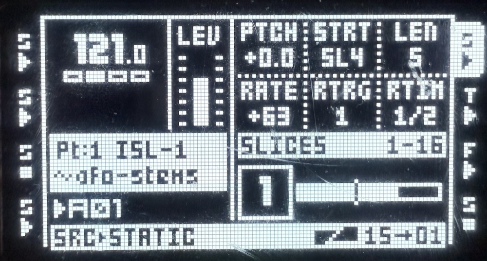 Octatrack screen showing the OCTAMAX slice playhead view, with slice 1 playing in a framed square and a progress bar