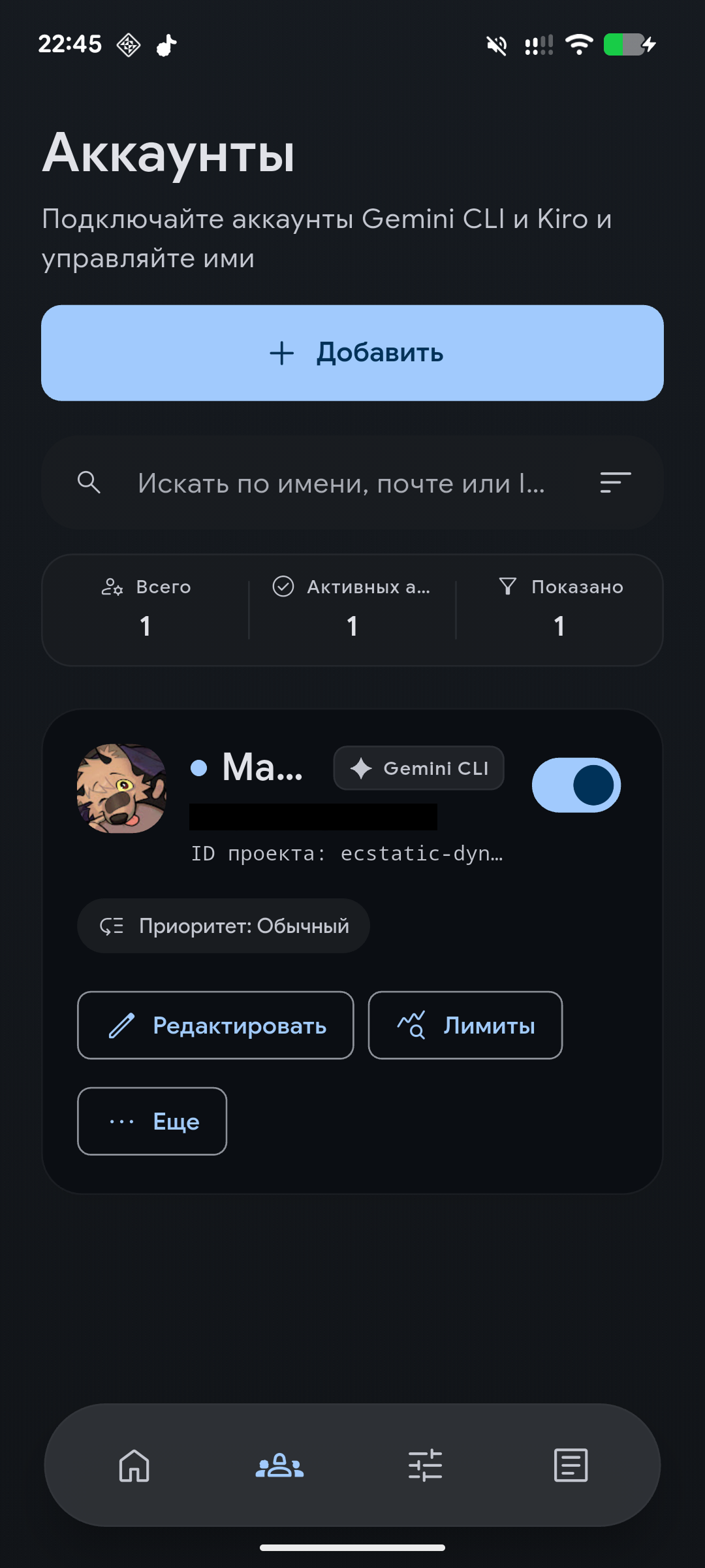 Экран аккаунтов KiCk с поиском, счетчиками, бейджем провайдера и действиями аккаунта