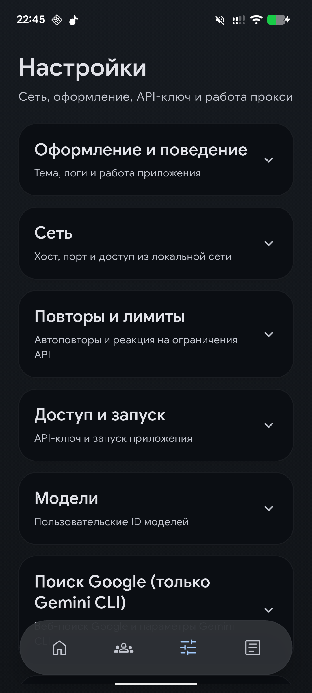 Экран настроек KiCk с разделами внешнего вида, сети, повторов, доступа, моделей и Google Поиска