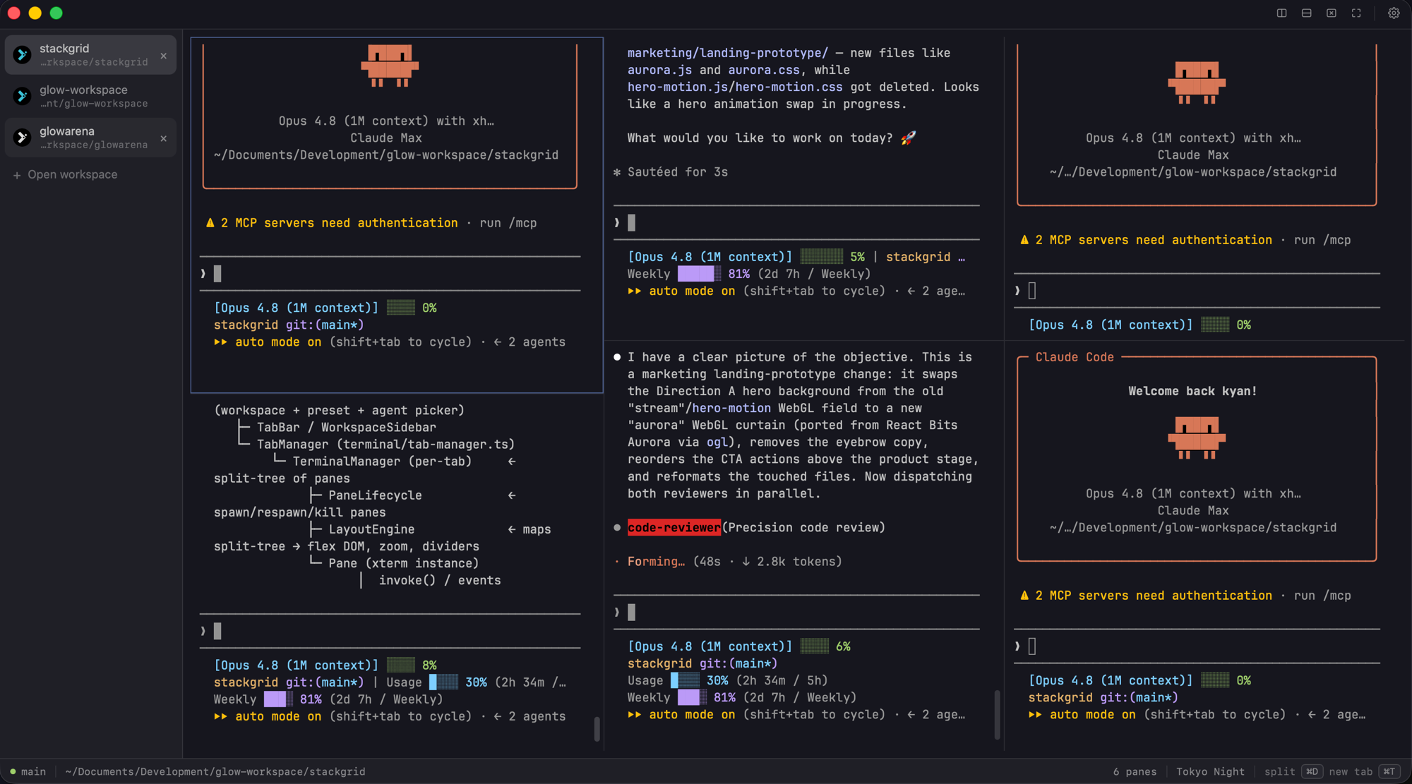 SpaceVibe Deck — split panes running agent CLIs