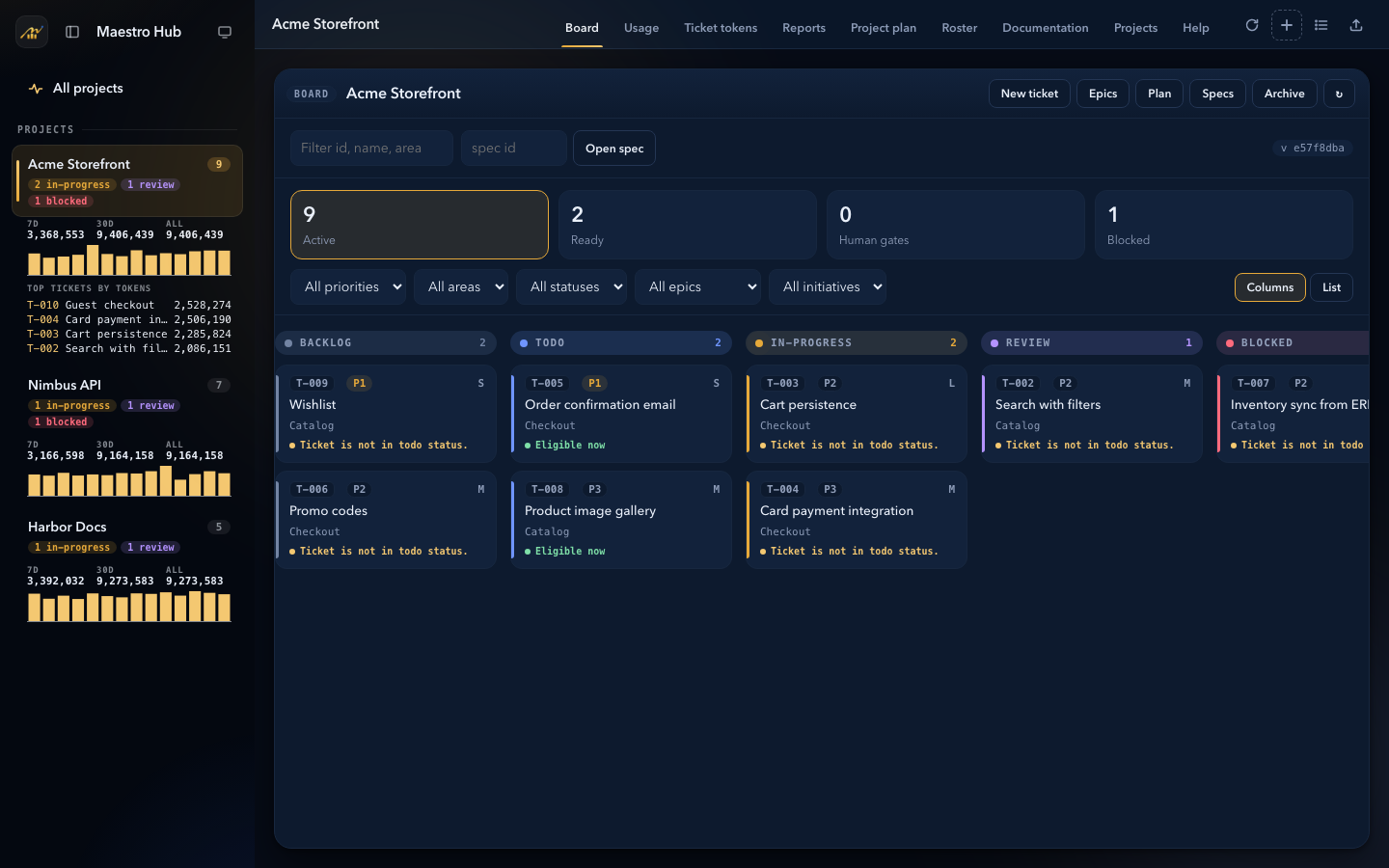 Board view of one project, dark theme
