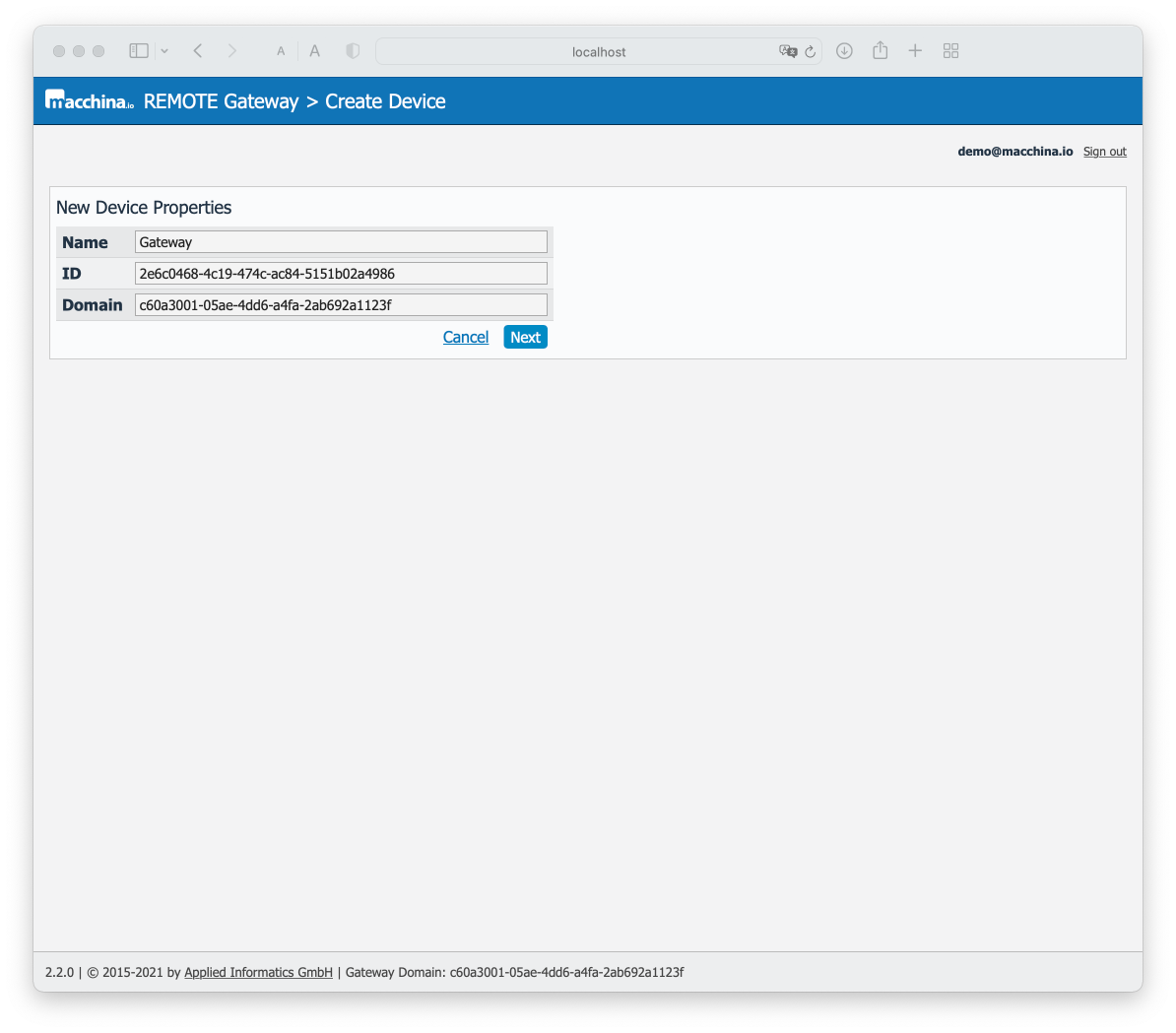 Gateway Web User Interface - Create Device