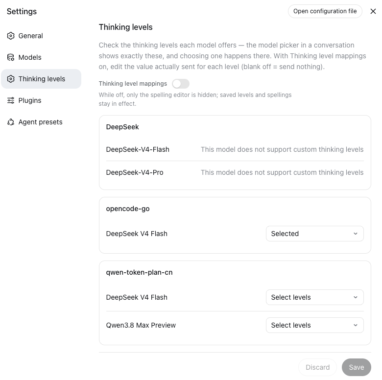 Thinking levels settings page