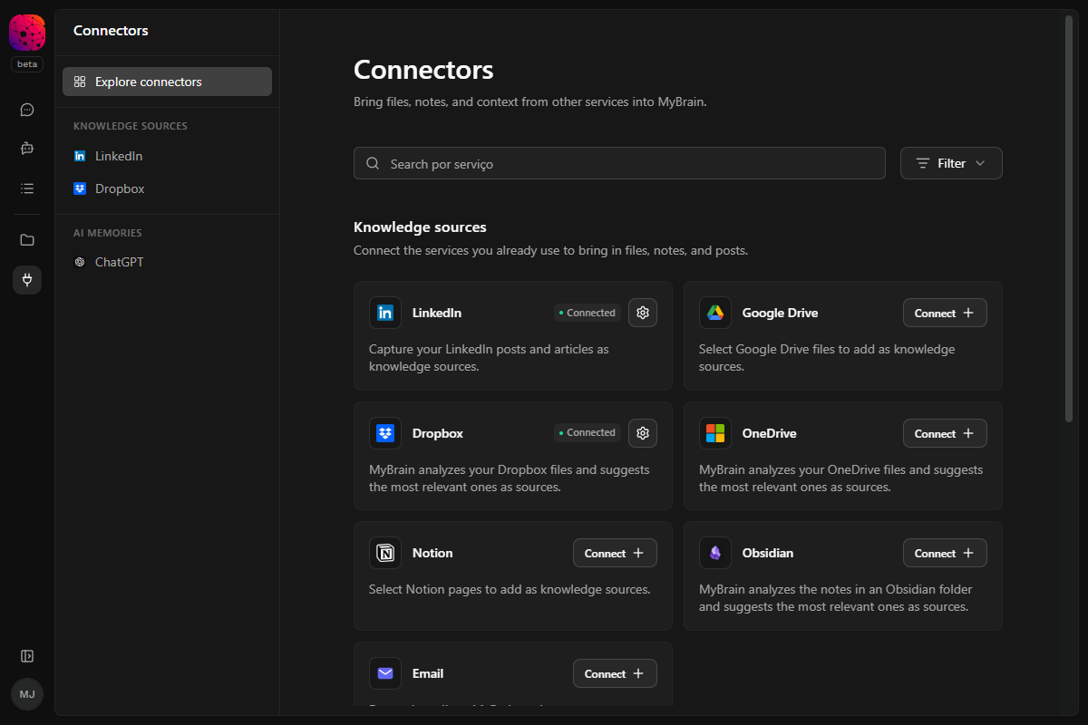The MyBrain connectors page, where you connect Obsidian and other services