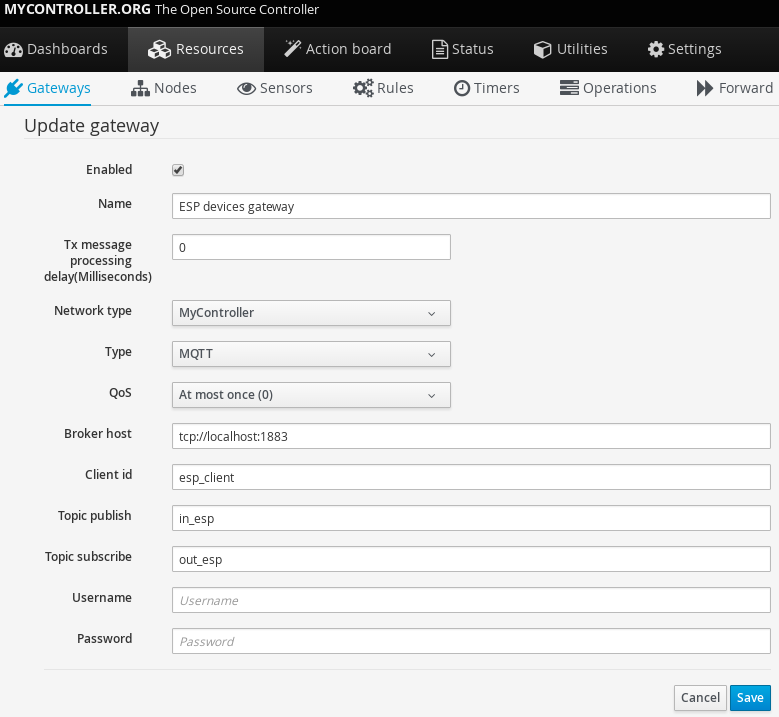 Gateway settings for ESP8266 device