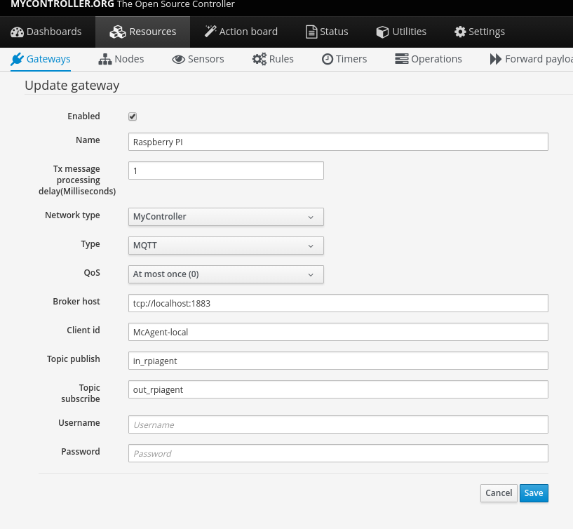 MQTT gateway settings