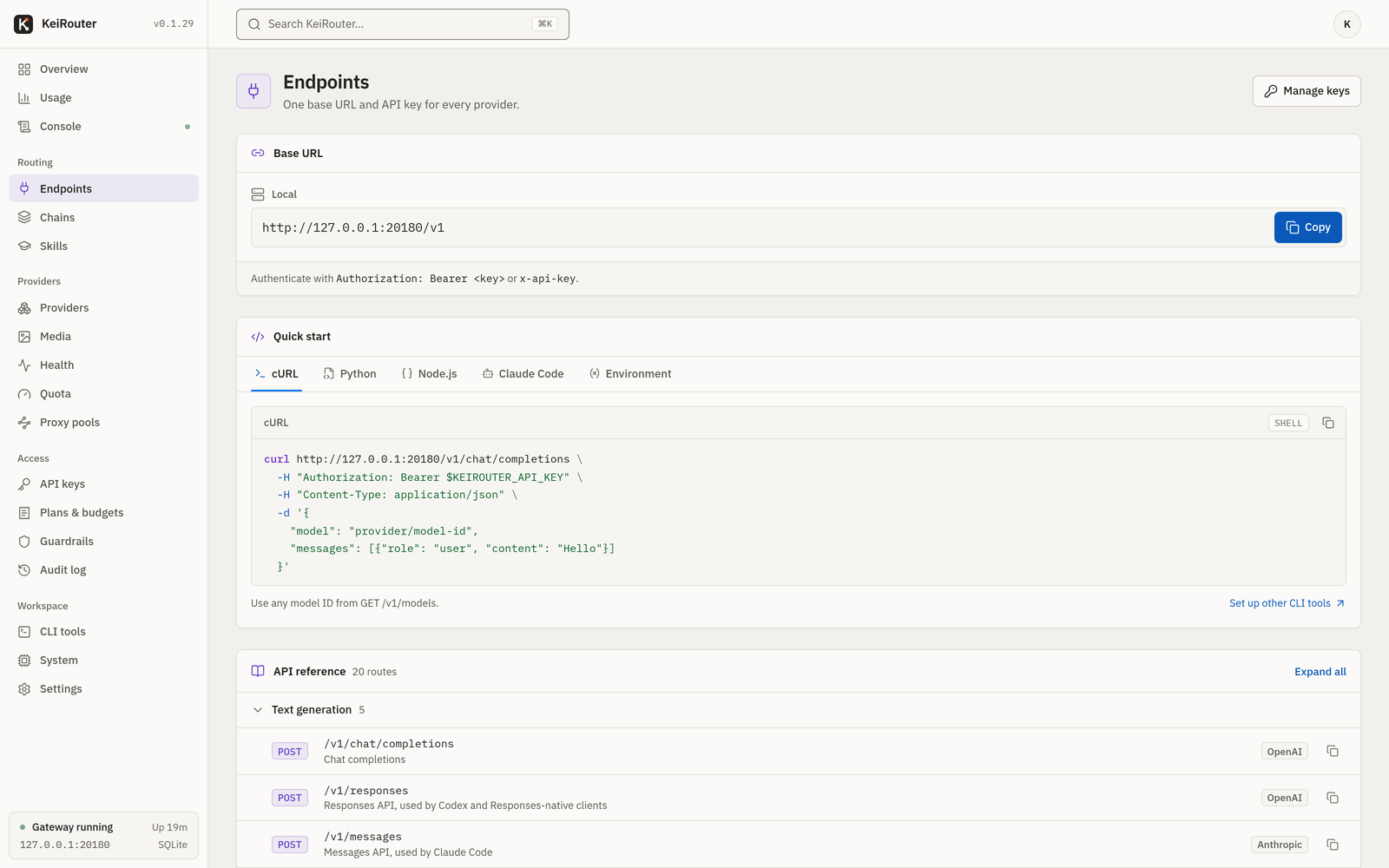 Endpoints page with quick start