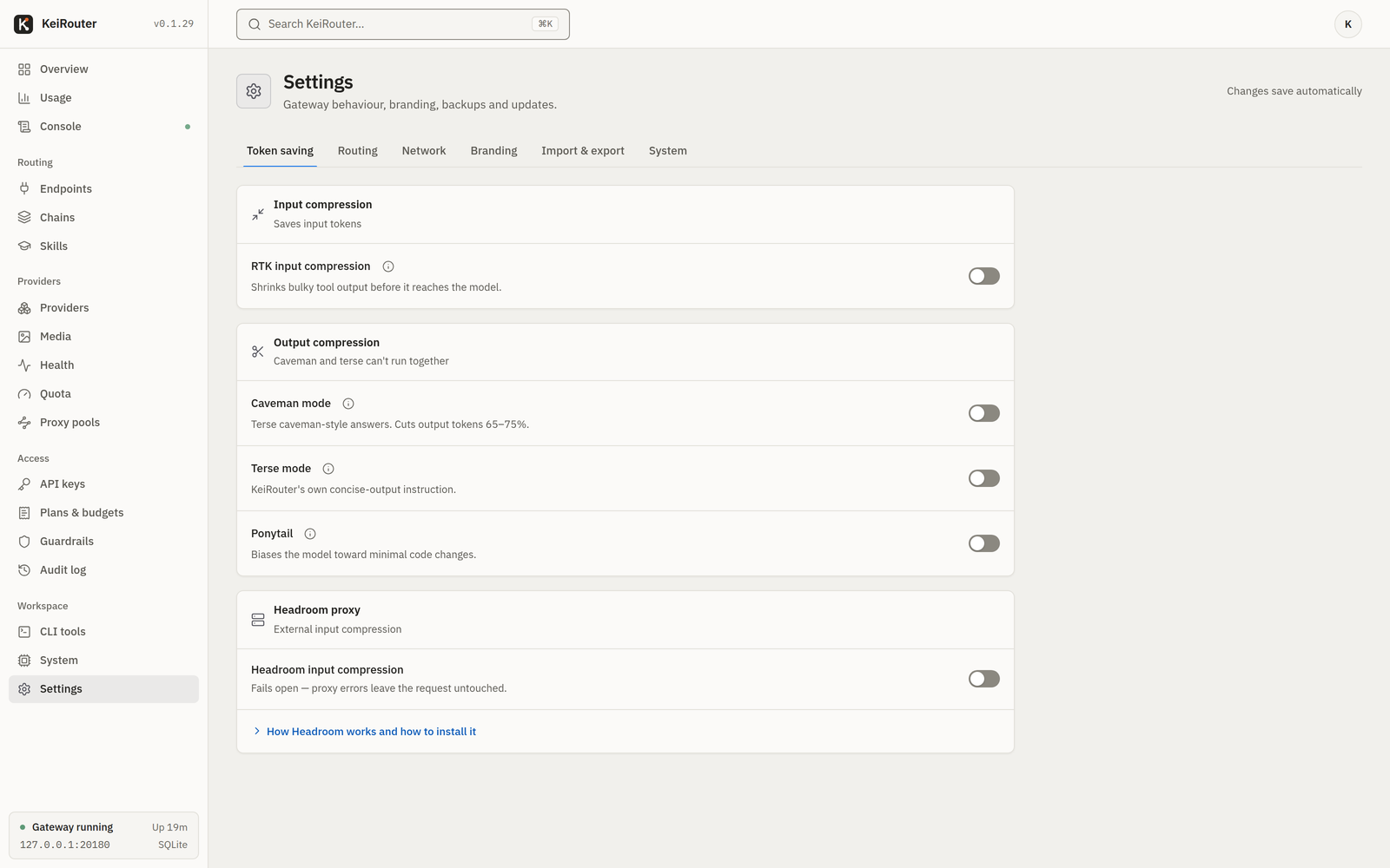 Token saving settings