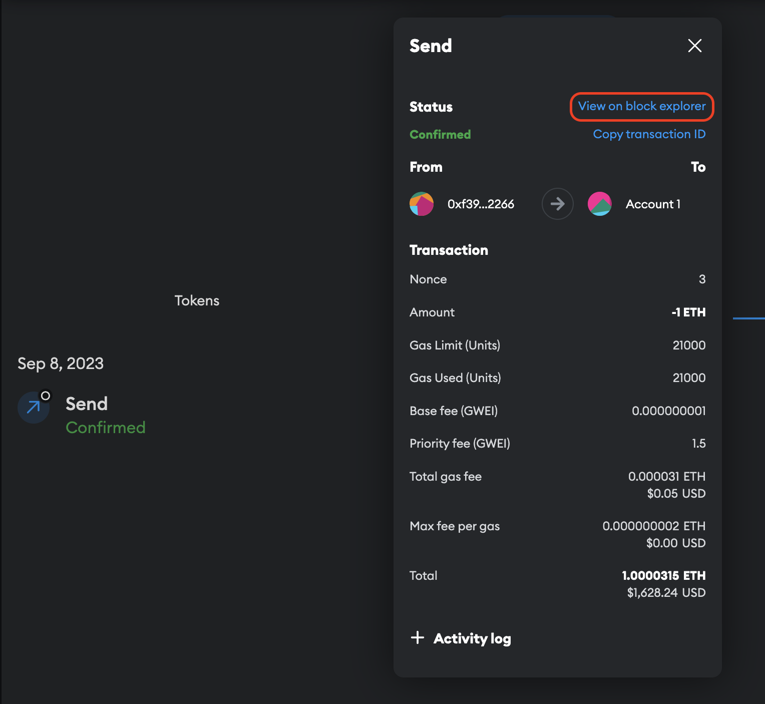 Using MetaMask to view a transaction in a block explorer