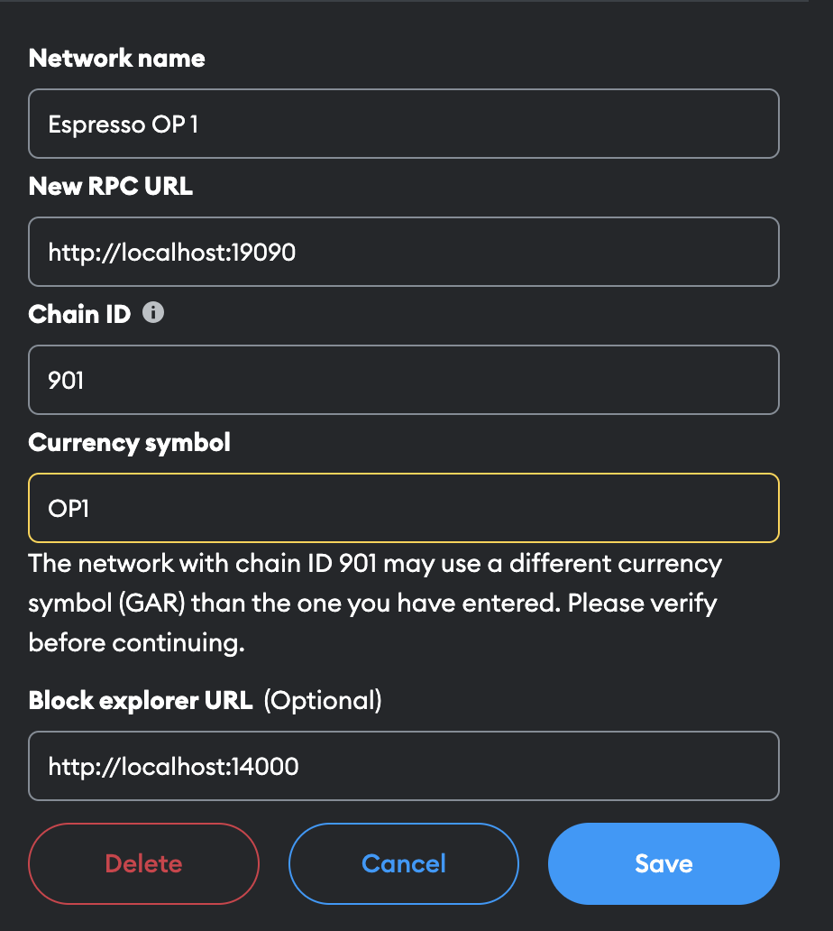 Example MetaMask network settings