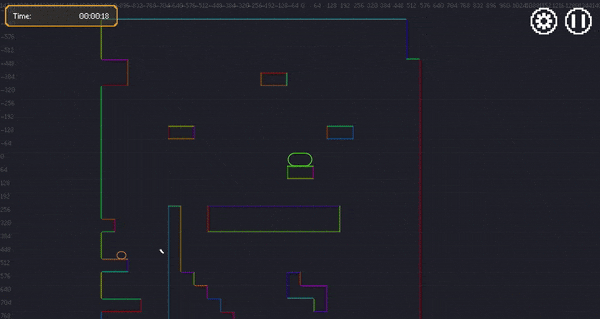 An animated GIF showing a player-controlled character moving around according to player clicks within the level. Path preselections are shown as the click is dragged around the level.