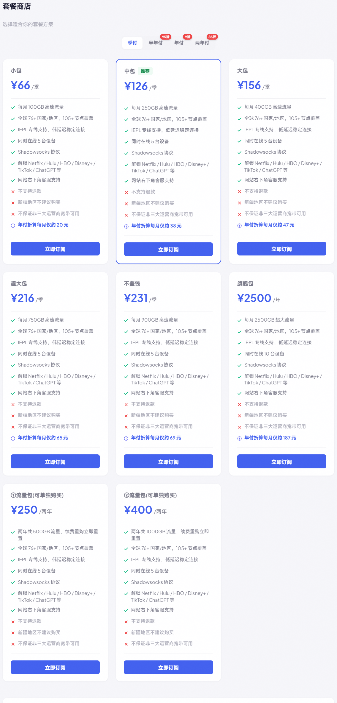 套餐价格