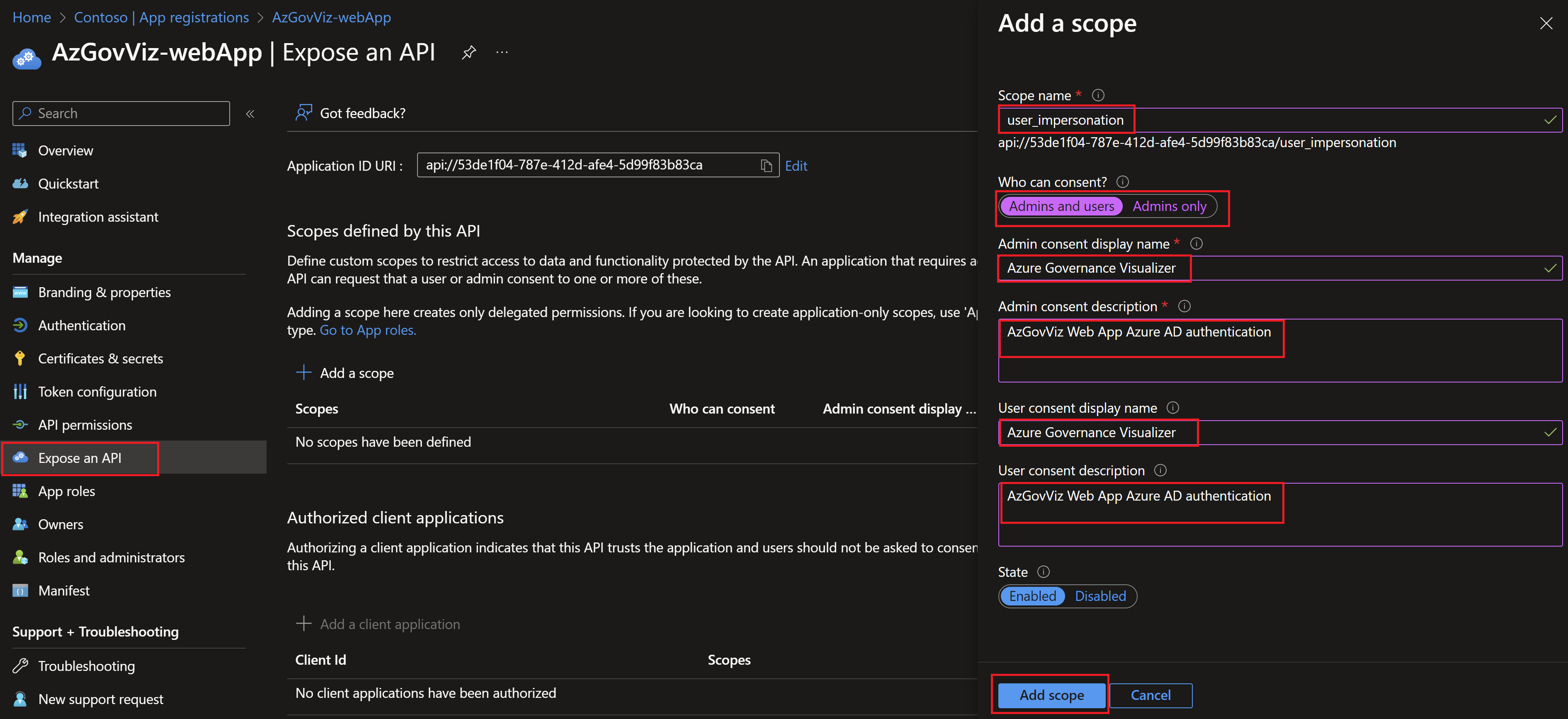 Screenshot showing adding a scope to the API