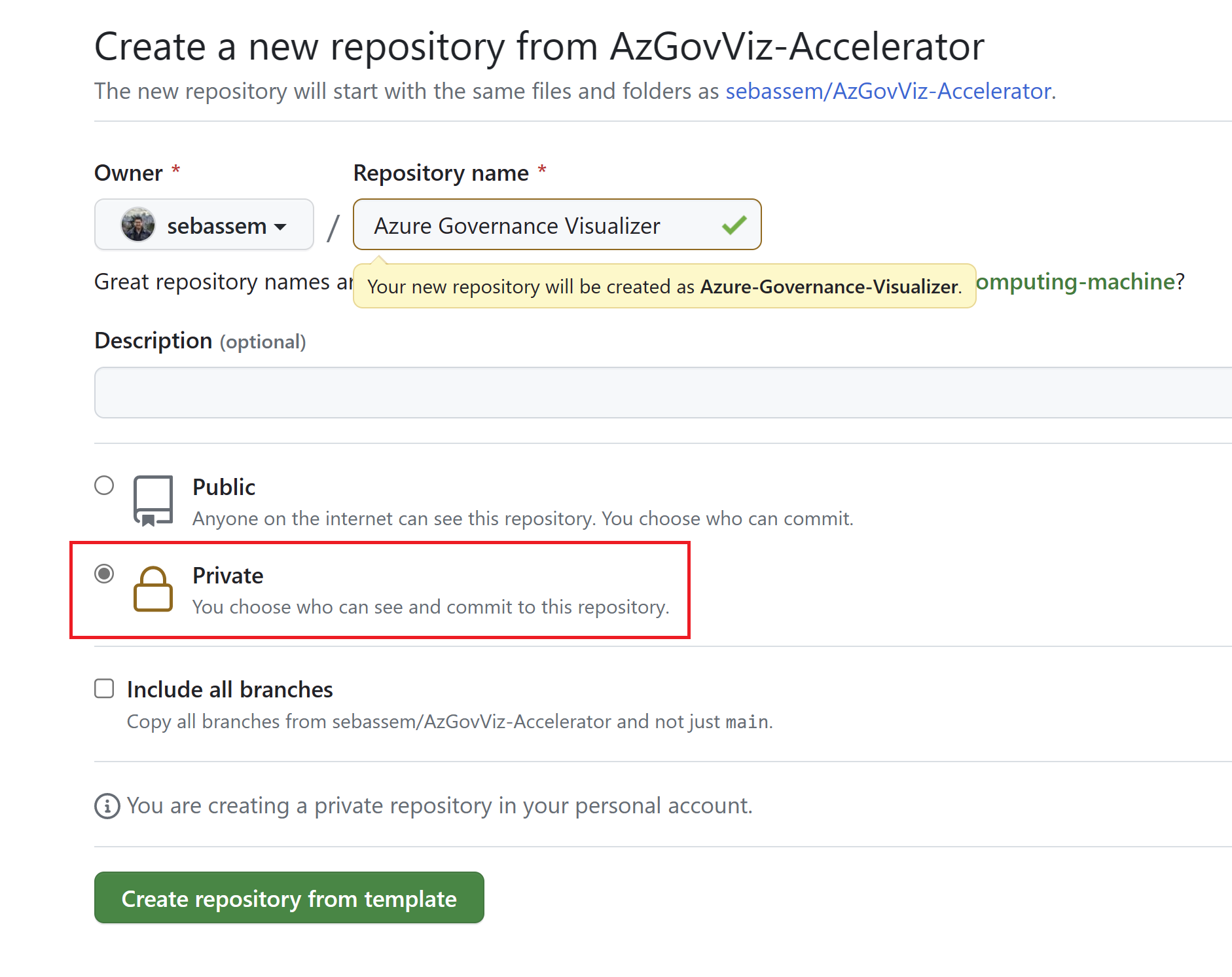 Screenshot showing creating a private repository