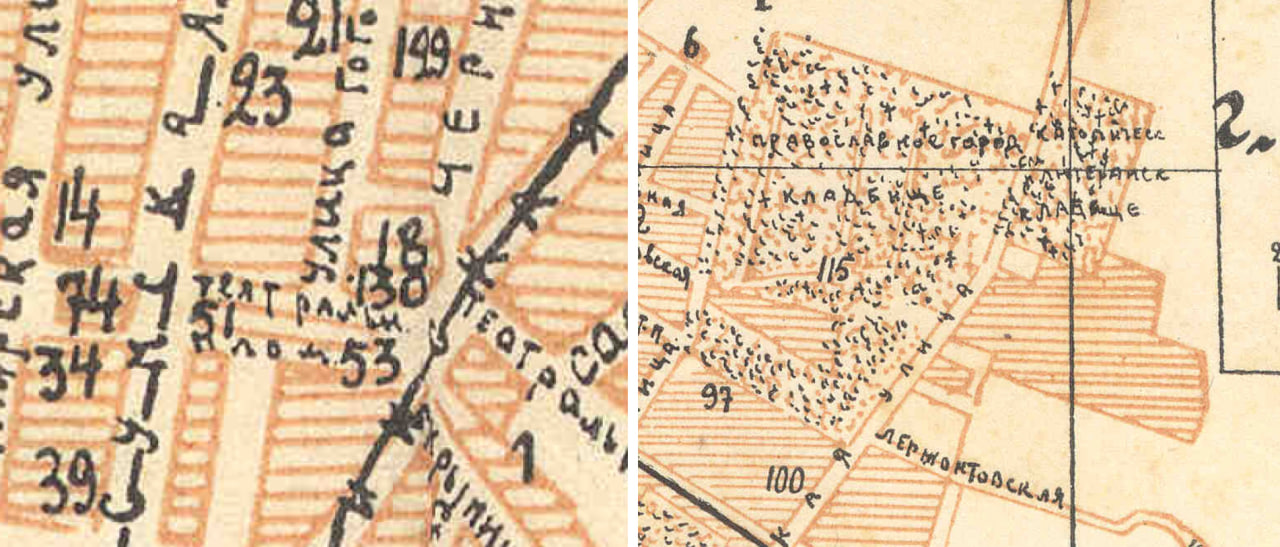 Місце лютерано-євангелічного храму, позначене числовим показником 130, на мапі Харкова 1914 року (ліворуч). Лютерано-католицьке кладовище вкінці вулиці Григорія Сковороди на мапі Харкова 1914 року (праворуч)