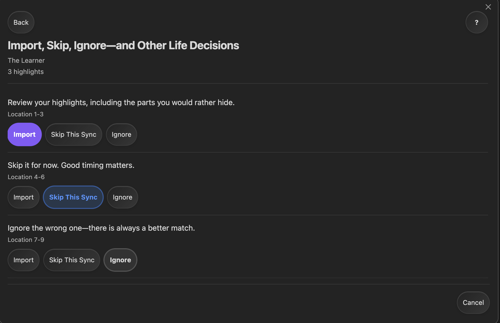 Review books with Import, Skip This Sync, and Ignore
