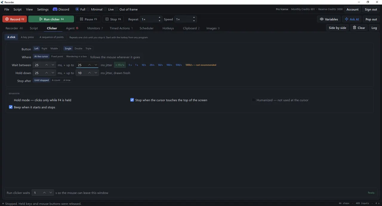 The Clicker tab set to one left click at the cursor