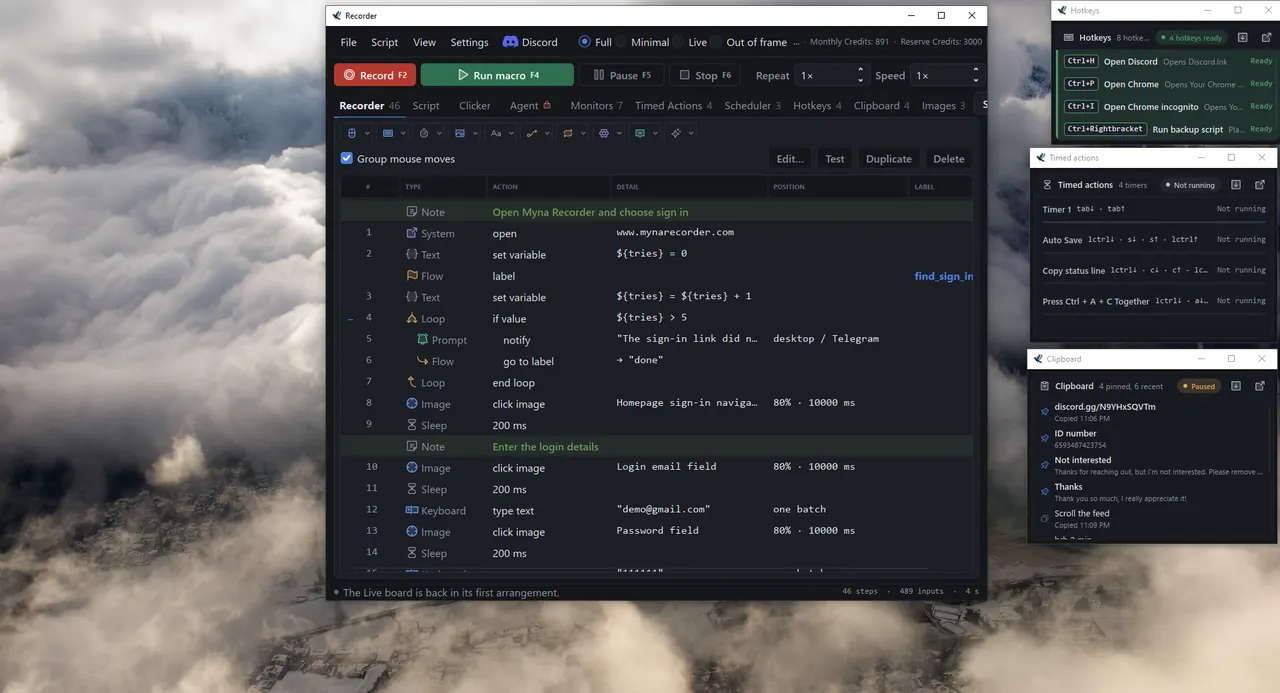 Recorder with the Hotkeys, Timed actions and Clipboard boxes floating in windows of their own