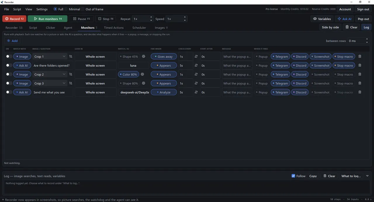 The Monitors tab with five watch rows, some matching a picture and some asking the AI